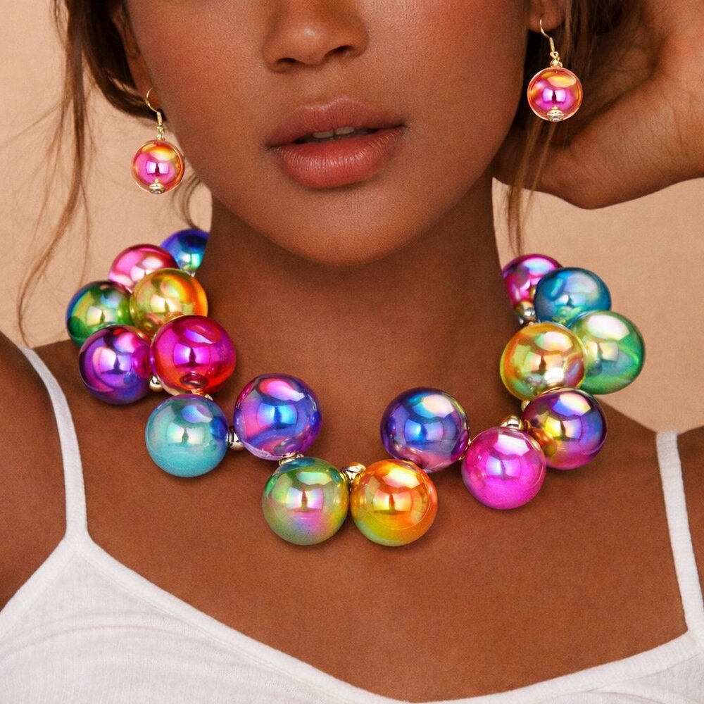 Iridescent Bubble Bead Necklace Rainbow Statement Jewelry